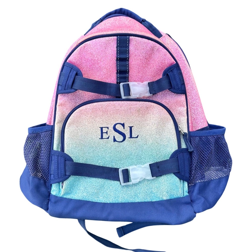 Pottery Barn Kids Mackenzie Ombre Glitter Backpack Pink Blue Navy Monogram ESL